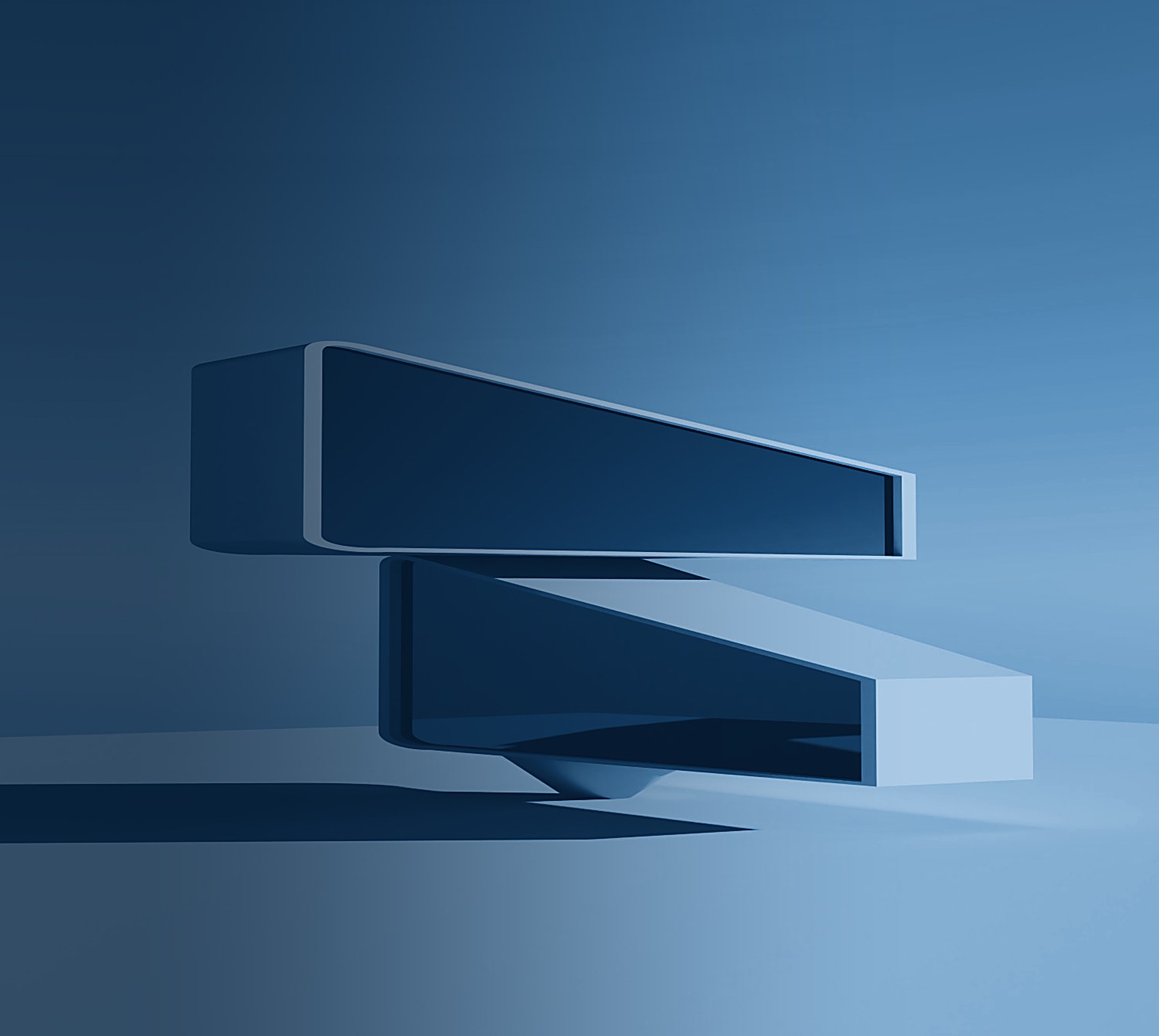 Two stacked cantilevered white volumes with dark glass bands balanced on a pedestal against open sky