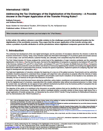 Addressing the Tax Challenges of the Digitalization of the Economy – A Possible Answer in the Proper Application of the Transfer Pricing Rules?