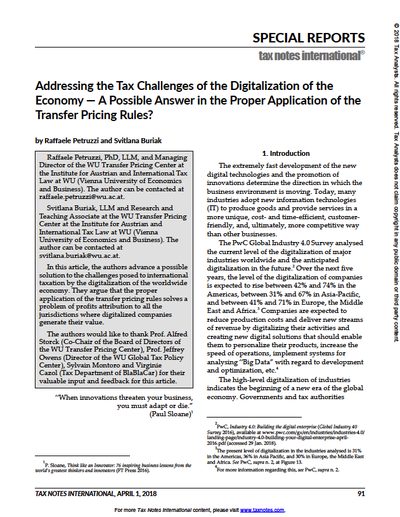 Addressing the Tax Challenges of the Digitalization of the Economy – A Possible Answer in the Proper Application of the Transfer Pricing Rules?