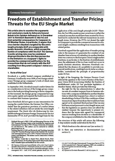 Freedom of Establishment and Transfer Pricing Threats for EU Single Market