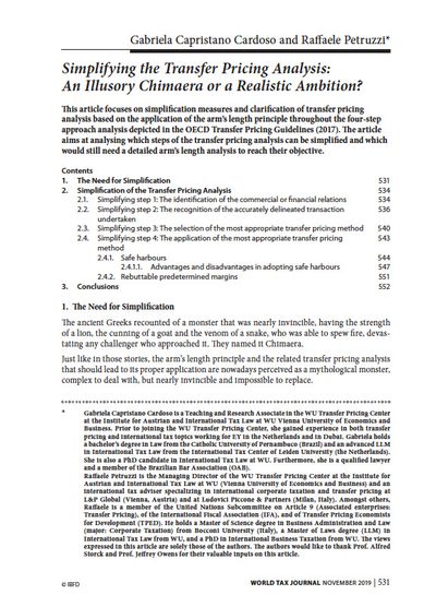 Simplifying the transfer pricing analysis: an illusory Chimaera or a realistic ambition?