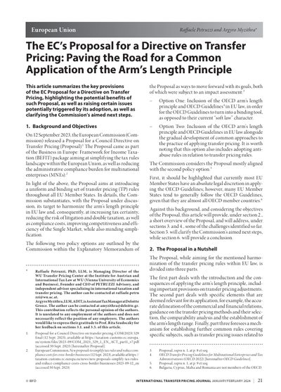 The EC’s Proposal for a Directive on Transfer Pricing: Paving the Road for a Common Application of the Arm’s Length Principle