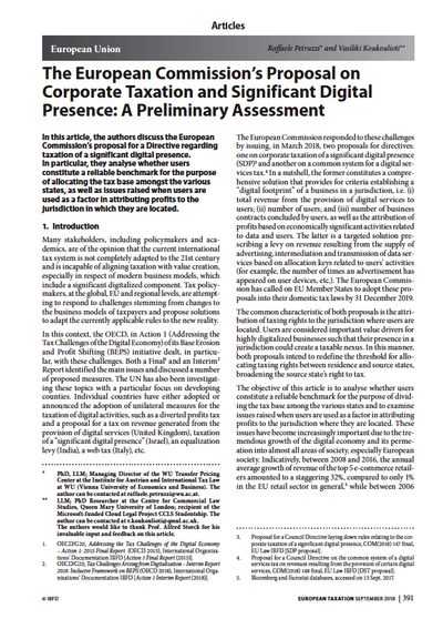 The European Commission’s Proposal on Corporate Taxation and Significant Digital Presence: A Preliminary Assessment