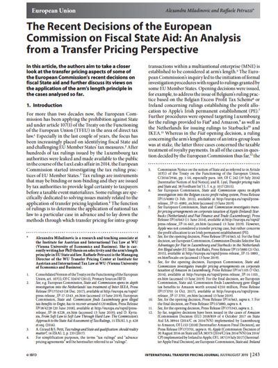 The Recent Decisions of the European Commission on Fiscal State Aid: An Analysis from a Transfer Pricing Perspective