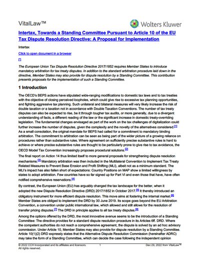 Towards a Standing Committee Pursuant to Article 10 of the EU Tax Dispute Resolution Directive: A Proposal for Implementation