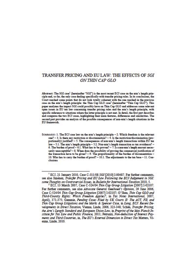 Transfer Pricing and EU Law: the Effects of SGI on Thin Cap GLO