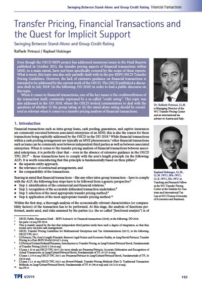 Transfer Pricing, Financial Transactions and the Quest for Implicit Support: Swinging between Stand-Alone and Group Credit Rating
