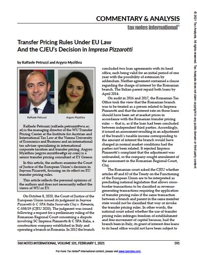 Transfer Pricing Rules Under EU Law and the CJEU’s Decision in Impresa Pizzarotti